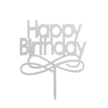 HAPPY BIRTHDAY CAKE TOPPER SILVER