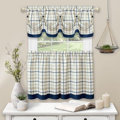 3PC KITCHEN CURTAIN TATTERSAL NAVY - Image 2