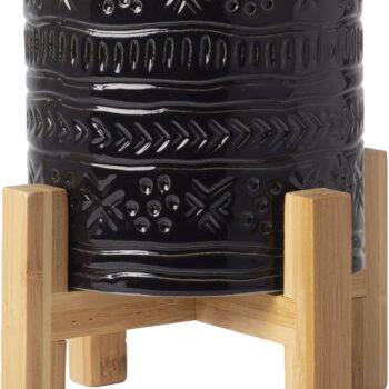 6.75X7H BLACK GLOBAL PLANTER W/ WOOD BASE