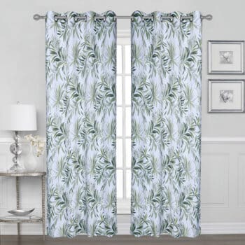 CURTAIN TROPICAL LEAVES WHT/GRN 84" BLACK OUT