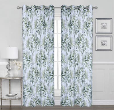 CURTAIN TROPICAL LEAVES WHT/GRN 84" BLACK OUT