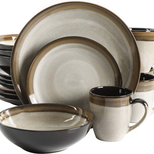 GIBSON 16PC DINNER SET COUTURE CREAM W/BROWN RIM
