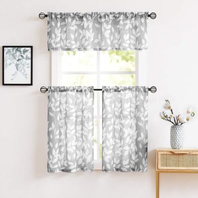 3PC LEAVES PRINTED LINEN KITCHEN CURTAIN SET 36"
