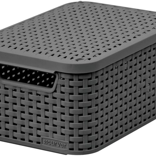 RATTAN STYLE BASKET W/LID 6L GREY CURVER
