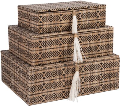 SET OF 3 WATER HYACINTH STORAGE BOX AZTEC STRIPE