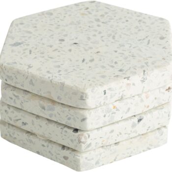 SET OF 4 4" WHITE HEXAGON TERRAZZO COASTER